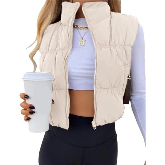 Womens Cropped Puffer Vest Zip Up Beige - Picture 1 of 6